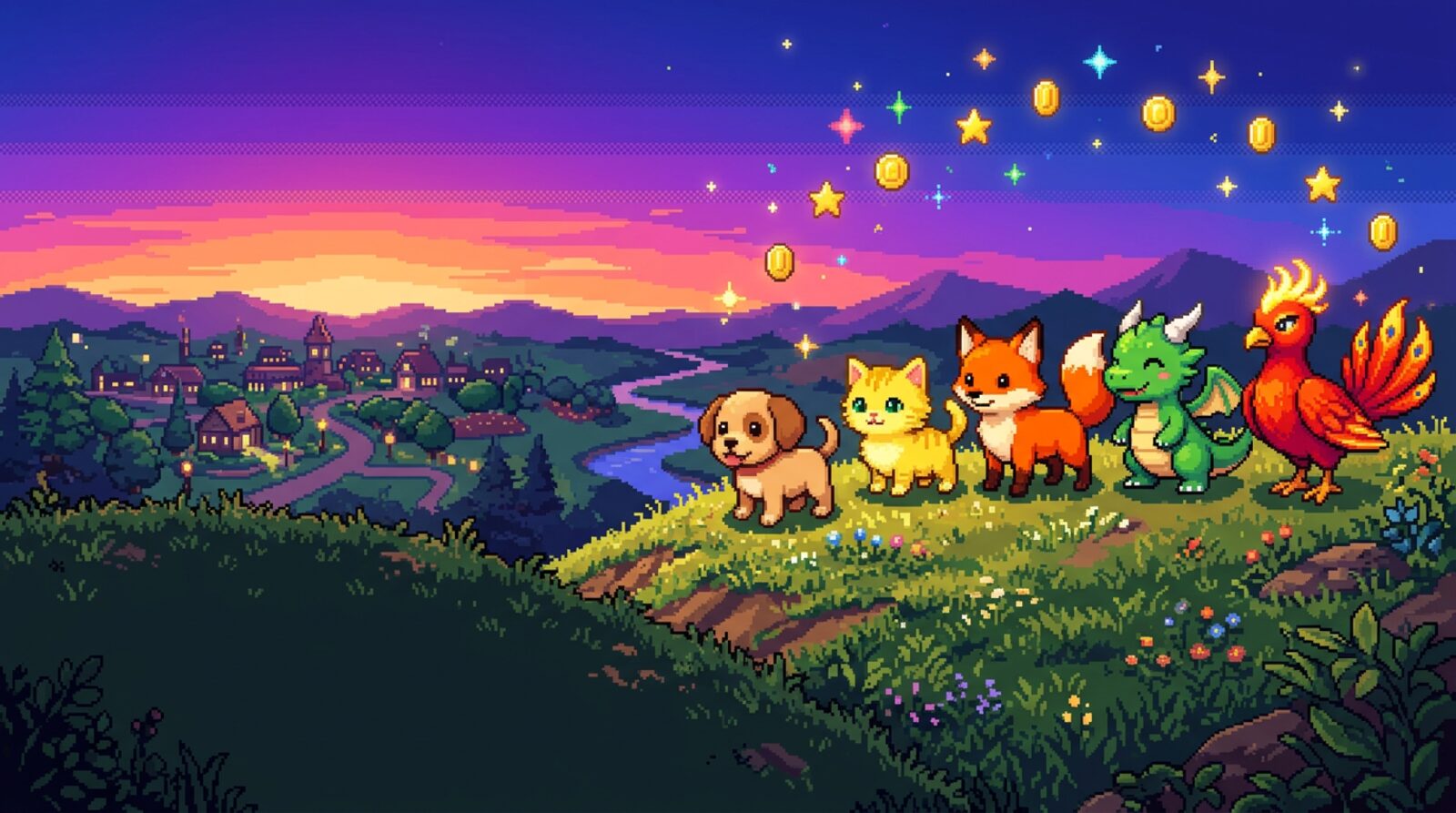 Pixel pets gathered on a hill at dusk